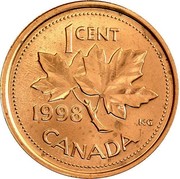 Canada 1 Cent Elizabeth II 1998 In Specimen sets only KM# 289a 1 CENT CANADA K.G. 1999 coin reverse Canada 1 Cent Elizabeth II 1998 In Specimen sets only KM# 289a 1 CENT CANADA K.G. 1999 coin reverse