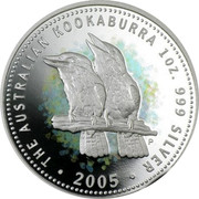 Australia 1 Dollar Two kookaburras on branch (Colorized) 2005 Proof KM# 886b THE AUSTRALIAN KOOKABURRA 1 OZ. 999 SILVER 2005 P coin reverse Australia 1 Dollar Two kookaburras on branch (Colorized) 2005 Proof KM# 886b THE AUSTRALIAN KOOKABURRA 1 OZ. 999 SILVER 2005 P coin reverse