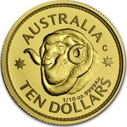 Australia 10 Dollars Ram's Head 2011 Proof AUSTRALIA TEN DOLLARS 1/10 OZ. 9999 AU coin reverse Australia 10 Dollars Ram's Head 2011 Proof AUSTRALIA TEN DOLLARS 1/10 OZ. 9999 AU coin reverse