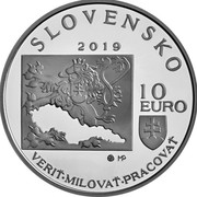 Slovakia 10 Euro 100th Anniversary of the Death of Milan Rastislav Stefanik 2019 SLOVENSKO 2019 10 EURO VERIŤ MILOVAŤ PRACOVAŤ coin obverse Slovakia 10 Euro 100th Anniversary of the Death of Milan Rastislav Stefanik 2019 SLOVENSKO 2019 10 EURO VERIŤ MILOVAŤ PRACOVAŤ coin obverse