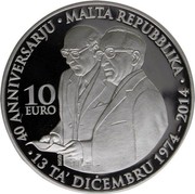 Malta 10 Euro 40th Anniversary of Republic of Malta 2014 Proof KM# 166 40 ANNIVERSARJU MALTA REPUBBLIKA 13 TA' DICEMBRU 1974-2014 10 EURO coin reverse Malta 10 Euro 40th Anniversary of Republic of Malta 2014 Proof KM# 166 40 ANNIVERSARJU MALTA REPUBBLIKA 13 TA' DICEMBRU 1974-2014 10 EURO coin reverse