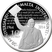 Malta 10 Euro 50th Anniversary of Malta Independence 2014 Proof KM# 165 50 ANNIVERSAJU MALTA INDIPEDENTI 1964 2014 10 EURO coin reverse Malta 10 Euro 50th Anniversary of Malta Independence 2014 Proof KM# 165 50 ANNIVERSAJU MALTA INDIPEDENTI 1964 2014 10 EURO coin reverse