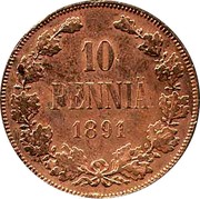 Finland 10 Pennia Aleksandr III 1891 KM# 12 10 PENNIÄ DATE coin reverse