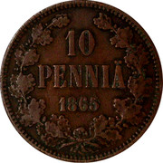 Finland 10 Pennia Alexander II Large letters 1865 KM# 5.1 10 PENNIÄ DATE coin reverse
