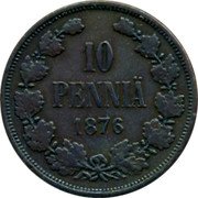 Finland 10 Pennia Alexander II Small letters 1876 KM# 5.2 10 PENNIÄ DATE coin reverse Finland 10 Pennia Alexander II Small letters 1876 KM# 5.2 10 PENNIÄ DATE coin reverse