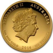 Australia 100 Dollars Year of the Horse. High Relief 2014 P Proof ELIZABETH II AUSTRALIA 1OZ 9999 GOLD 2014 100 DOLLARS coin obverse Australia 100 Dollars Year of the Horse. High Relief 2014 P Proof ELIZABETH II AUSTRALIA 1OZ 9999 GOLD 2014 100 DOLLARS coin obverse