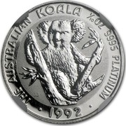 Australia 15 Dollars (Koala) THE AUSTRALIAN KOALA 1/10 OZ 9995 PLATINUM 1992 JB coin reverse Australia 15 Dollars (Koala) THE AUSTRALIAN KOALA 1/10 OZ 9995 PLATINUM 1992 JB coin reverse