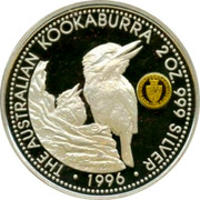 Australia 2 Dollars A Kookaburras at a nest (Spade Guinea) 1996 Spade Guinea on a pure gold insert - privy mark; Proof THE AUSTRALIAN KOOKABURRA 2 OZ. 999 SILVER 1996 coin reverse Australia 2 Dollars A Kookaburras at a nest (Spade Guinea) 1996 Spade Guinea on a pure gold insert - privy mark; Proof THE AUSTRALIAN KOOKABURRA 2 OZ. 999 SILVER 1996 coin reverse