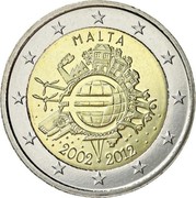 Malta 2 Euro 10 Years of Euro Banknotes and Coins 2012 Proof KM# 139 MALTA A.H. € 2002 2012 coin obverse Malta 2 Euro 10 Years of Euro Banknotes and Coins 2012 Proof KM# 139 MALTA A.H. € 2002 2012 coin obverse