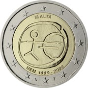 Malta 2 Euro 10th Anniversary of the Economic Monetary Union 2009 KM# 134 MALTA UEM 1999 - 2009 coin obverse Malta 2 Euro 10th Anniversary of the Economic Monetary Union 2009 KM# 134 MALTA UEM 1999 - 2009 coin obverse