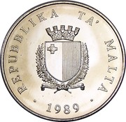 Malta 2 Liri 25th Anniversary of Independence 1989 Proof KM# 88 REPUBBLIKA TA' MALTA 1989 coin obverse Malta 2 Liri 25th Anniversary of Independence 1989 Proof KM# 88 REPUBBLIKA TA' MALTA 1989 coin obverse