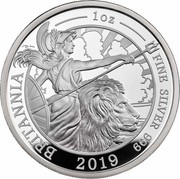 UK 2 Pounds Silver Britannia 2019 Proof BRITANNIA 1 OZ FINE SILVER 999 2019 coin reverse UK 2 Pounds Silver Britannia 2019 Proof BRITANNIA 1 OZ FINE SILVER 999 2019 coin reverse