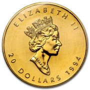 Canada 20 Dollars Maple Leaf 1994 KM# 190 ELIZABETH II 20 DOLLARS coin obverse Canada 20 Dollars Maple Leaf 1994 KM# 190 ELIZABETH II 20 DOLLARS coin obverse