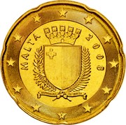 Malta 20 Euro Cent Maltese Coat of Arms 2008 KM# 129 MALTA 2008 REPUBBLIKA TA' MALTA coin obverse Malta 20 Euro Cent Maltese Coat of Arms 2008 KM# 129 MALTA 2008 REPUBBLIKA TA' MALTA coin obverse