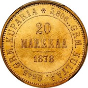 Finland 20 Markkaa Narrow eagle 1878 S Some specimens may appear as prooflike; Proofs were never made officially by the mint KM# 9.1 5,806.. GRM. KULTAA. 0,645.. GRM. KUPARIA 20 MARKKAA DATE coin reverse Finland 20 Markkaa Narrow eagle 1878 S Some specimens may appear as prooflike; Proofs were never made officially by the mint KM# 9.1 5,806.. GRM. KULTAA. 0,645.. GRM. KUPARIA 20 MARKKAA DATE coin reverse