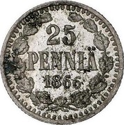Finland 25 Pennia Alexander II Large letters 1866 S KM# 6.1 25 PENNIÄ DATE coin reverse Finland 25 Pennia Alexander II Large letters 1866 S KM# 6.1 25 PENNIÄ DATE coin reverse
