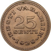 Estonia 25 Senti 1928 KM# 9 Reform Coinage EESTI VABARIIK 25 SENTI -1928- coin reverse