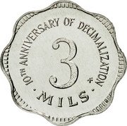 Malta 3 Mils (10th Anniversary of Decimalization) KM# 55 10TH ANNIVERSARY OF DECIMALIZATION 3 MILS coin reverse Malta 3 Mils (10th Anniversary of Decimalization) KM# 55 10TH ANNIVERSARY OF DECIMALIZATION 3 MILS coin reverse