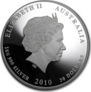 Australia 30 Dollars Year of the Tiger. Gemstone eye 2010 P KM# 1319a ELIZABETH II AUSTRALIA 1KG 999 SILVER 2010 30 DOLLARS coin obverse Australia 30 Dollars Year of the Tiger. Gemstone eye 2010 P KM# 1319a ELIZABETH II AUSTRALIA 1KG 999 SILVER 2010 30 DOLLARS coin obverse