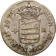 Estonia 4 Ore Carl XI Without inner circle 1671 LN KM# 6 MON : ARG : CIV : NARVA : 1671 4 - R LN coin reverse Estonia 4 Ore Carl XI Without inner circle 1671 LN KM# 6 MON : ARG : CIV : NARVA : 1671 4 - R LN coin reverse