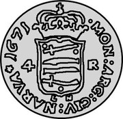 Estonia 4 Ore Carl XI Without reverse circle 1671 LN KM# 7 MON : ARG : CIV : NARVA : 1671 4 - R LN coin reverse Estonia 4 Ore Carl XI Without reverse circle 1671 LN KM# 7 MON : ARG : CIV : NARVA : 1671 4 - R LN coin reverse