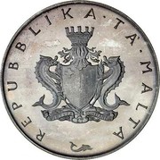 Malta 4 Pounds St. Agatha's Tower at Gammieh - Old arms 1975 KM# 32 REPUBBLIKA TA MALTA coin obverse Malta 4 Pounds St. Agatha's Tower at Gammieh - Old arms 1975 KM# 32 REPUBBLIKA TA MALTA coin obverse