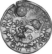 Malta 4 Tari ND (1636-51) KM# 129 Countermarked Coinage NON AES SAD FIDES 1637 T 4 coin obverse Malta 4 Tari ND (1636-51) KM# 129 Countermarked Coinage NON AES SAD FIDES 1637 T 4 coin obverse