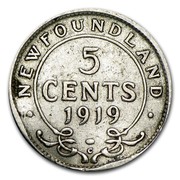 Canada 5 Cents Newfoundland George V 1919 C KM# 13 ∙ NEWFOUNDLAND ∙ 5 CENTS DATE coin reverse Canada 5 Cents Newfoundland George V 1919 C KM# 13 ∙ NEWFOUNDLAND ∙ 5 CENTS DATE coin reverse