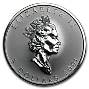 Canada 5 Dollars Chinese Maple - Good Fortune 2001 Good fortune privy mark KM# 437 ELIZABETH II D ∙ G ∙ REGINA 5 DOLLARS 2001 coin obverse Canada 5 Dollars Chinese Maple - Good Fortune 2001 Good fortune privy mark KM# 437 ELIZABETH II D ∙ G ∙ REGINA 5 DOLLARS 2001 coin obverse