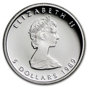 Canada 5 Dollars Elizabeth II 2nd Portrait 1989 Proof KM# 164 ELIZABETH II 5 DOLLARS 1989 coin obverse Canada 5 Dollars Elizabeth II 2nd Portrait 1989 Proof KM# 164 ELIZABETH II 5 DOLLARS 1989 coin obverse