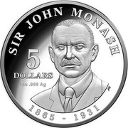 Australia 5 Dollars Sir John Monash 2018 SIR JOHN MONASH 1865 - 1931 5 DOLLARS 1 OZ .999 AG coin reverse Australia 5 Dollars Sir John Monash 2018 SIR JOHN MONASH 1865 - 1931 5 DOLLARS 1 OZ .999 AG coin reverse