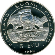Finland 5 ECU Jean Sibelius 1992 UNC X# 1 FINLAND SUOMI FINLAND 5 ECU JEAN SIBELIUS 1992 coin obverse Finland 5 ECU Jean Sibelius 1992 UNC X# 1 FINLAND SUOMI FINLAND 5 ECU JEAN SIBELIUS 1992 coin obverse
