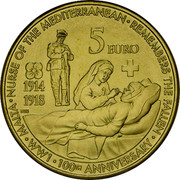 Malta 5 Euro First World War Centenary 2014 KM# 161 • MALTA • NURSE OF THE MEDITERRANEAN • REMEMBERS THE FALLEN • WW1 • 100TH ANNIVERSARY • 1914 1918 NGB 5 EURO coin reverse Malta 5 Euro First World War Centenary 2014 KM# 161 • MALTA • NURSE OF THE MEDITERRANEAN • REMEMBERS THE FALLEN • WW1 • 100TH ANNIVERSARY • 1914 1918 NGB 5 EURO coin reverse