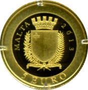 Malta 5 Euro Smallest Gold Coin in the World - The Picciolo 2013 Proof KM# 155 MALTA 2013 REPUBBLIKA TA' MALTA 5 EURO coin obverse Malta 5 Euro Smallest Gold Coin in the World - The Picciolo 2013 Proof KM# 155 MALTA 2013 REPUBBLIKA TA' MALTA 5 EURO coin obverse