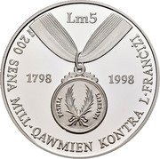 Malta 5 Liri 200th Anniversaru of the Anti-French Revolution 1998 Proof KM# 112 LM5 1798 1998 NGB 200 SENA MILL-QAWMIEN KONTRA L FRANCIZI coin reverse Malta 5 Liri 200th Anniversaru of the Anti-French Revolution 1998 Proof KM# 112 LM5 1798 1998 NGB 200 SENA MILL-QAWMIEN KONTRA L FRANCIZI coin reverse