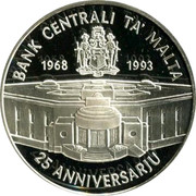 Malta 5 Liri 25th Anniversary of Central Bank (1993) KM# 102 BANK CENTRALI TA MALTA 1868 1993 25 ANNIVERSARJU coin reverse Malta 5 Liri 25th Anniversary of Central Bank (1993) KM# 102 BANK CENTRALI TA MALTA 1868 1993 25 ANNIVERSARJU coin reverse