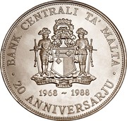 Malta 5 Liri Central Bank of Malta 1988 Proof KM# 87 BANK CENTRALI TA' MALTA ∙20 ANNIVERSARJU∙ 1968 ~ 1988 coin obverse Malta 5 Liri Central Bank of Malta 1988 Proof KM# 87 BANK CENTRALI TA' MALTA ∙20 ANNIVERSARJU∙ 1968 ~ 1988 coin obverse