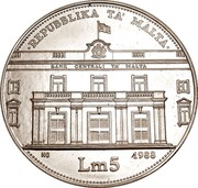 Malta 5 Liri Central Bank of Malta 1988 Proof KM# 87 ∙REPUBBLIKA TA' MALTA∙ BANK CENTRALI TA' MALTA NG 1988 LM5 coin reverse Malta 5 Liri Central Bank of Malta 1988 Proof KM# 87 ∙REPUBBLIKA TA' MALTA∙ BANK CENTRALI TA' MALTA NG 1988 LM5 coin reverse