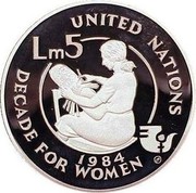 Malta 5 Liri Decade for Women 1984 Proof KM# 71 DECADE FOR WOMAN UNITED NATIONS LM5 1984 coin reverse Malta 5 Liri Decade for Women 1984 Proof KM# 71 DECADE FOR WOMAN UNITED NATIONS LM5 1984 coin reverse