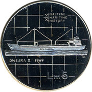 Malta 5 Liri Dwejra II 1986 Prooflike KM# 86 MALTESE MARITIME HISTORY DWEJRA II 1969 LM5 coin reverse Malta 5 Liri Dwejra II 1986 Prooflike KM# 86 MALTESE MARITIME HISTORY DWEJRA II 1969 LM5 coin reverse