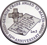 Malta 5 Liri George Cross Award 1992 Proof KM# 100 GEORGE CROSS AWARD TO MALTA LM 5 50TH ANNIVERSARY coin reverse