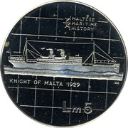 Malta 5 Liri Knight of Malta 1986 Prooflike KM# 84 MALTESE MARITIME HISTORY KNIGHT OF MALTA 1929 LM5 coin reverse Malta 5 Liri Knight of Malta 1986 Prooflike KM# 84 MALTESE MARITIME HISTORY KNIGHT OF MALTA 1929 LM5 coin reverse