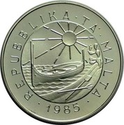 Malta 5 Liri Maria Dacoutros 1985 Prooflike KM# 75 REPUBBLIKA TA' MALTA 1985 coin obverse