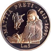 Malta 5 Liri Mattia Preti 1999 Proof KM# 113 MATTIA PRETI 1613 - 1699 LM5 coin reverse Malta 5 Liri Mattia Preti 1999 Proof KM# 113 MATTIA PRETI 1613 - 1699 LM5 coin reverse