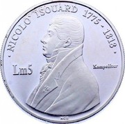 Malta 5 Liri Nicolo Isouard 2002 Proof KM# 118 NICOLO ISOUARD 1775 - 1818LM5 KOMPOZIWR coin reverse Malta 5 Liri Nicolo Isouard 2002 Proof KM# 118 NICOLO ISOUARD 1775 - 1818LM5 KOMPOZIWR coin reverse