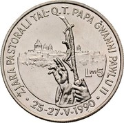 Malta 5 Liri Papal visit no 48 1990 Proof KM# 90 ZJARA PASTORALI TAL - Q/T/ PAPA GWANNI PAWLU II 25-27 V 1990 LM5 coin reverse