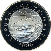 Malta 5 Liri Saver 1986 Prooflike KM# 85 REPUBBLIKA TA MALTA coin obverse Malta 5 Liri Saver 1986 Prooflike KM# 85 REPUBBLIKA TA MALTA coin obverse