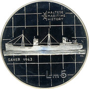 Malta 5 Liri Saver 1986 Prooflike KM# 85 MALTESE MARITIME HISTORY SAVER 1943 LM5 coin reverse Malta 5 Liri Saver 1986 Prooflike KM# 85 MALTESE MARITIME HISTORY SAVER 1943 LM5 coin reverse