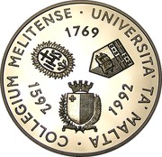 Malta 5 Liri University of Malta 1993 Proof KM# 106 ∙ COLLEGIUM MELITENSE ∙ UNIVERSITA' TA' MALTA 1592 1769 1992 coin obverse Malta 5 Liri University of Malta 1993 Proof KM# 106 ∙ COLLEGIUM MELITENSE ∙ UNIVERSITA' TA' MALTA 1592 1769 1992 coin obverse