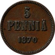Finland 5 Pennia Alexander II Large letters 1870 KM# 4.1 A II coin reverse Finland 5 Pennia Alexander II Large letters 1870 KM# 4.1 A II coin reverse